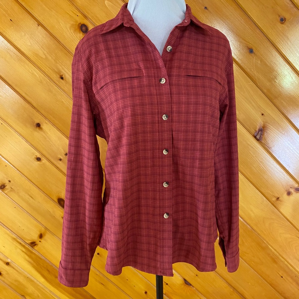 LL Bean Women's Red Plaid Performance Hiking Shirt Roll Tab Medium vented